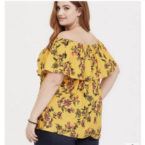 TORRID FLORAL CREPE EMBROIDERED RUFFLE OFF-SHOULDER TOP - Picture 3 of 9